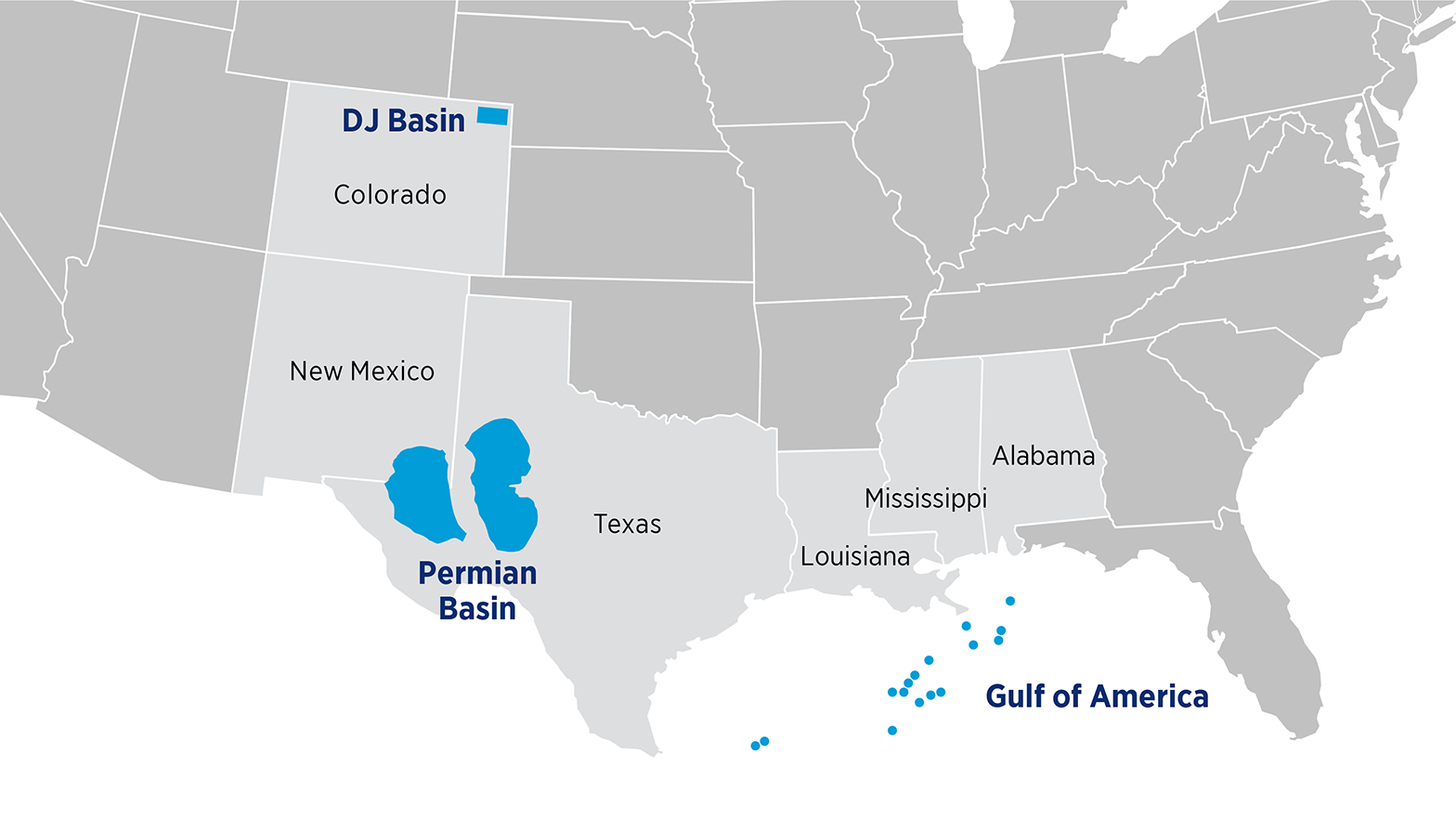 Map of the Permian Basin, Colorado and the Gulf of America